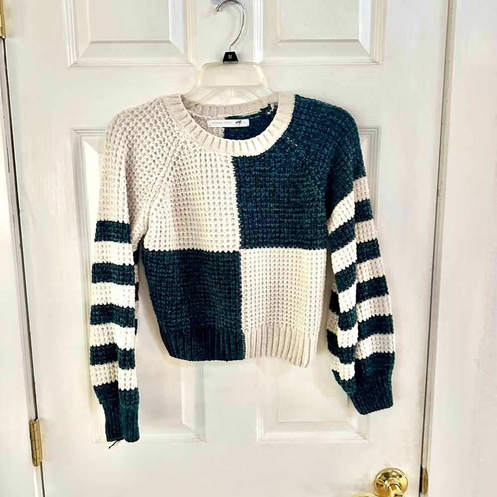 Altar'd State Teal Green and Cream Checkerboard Sweater